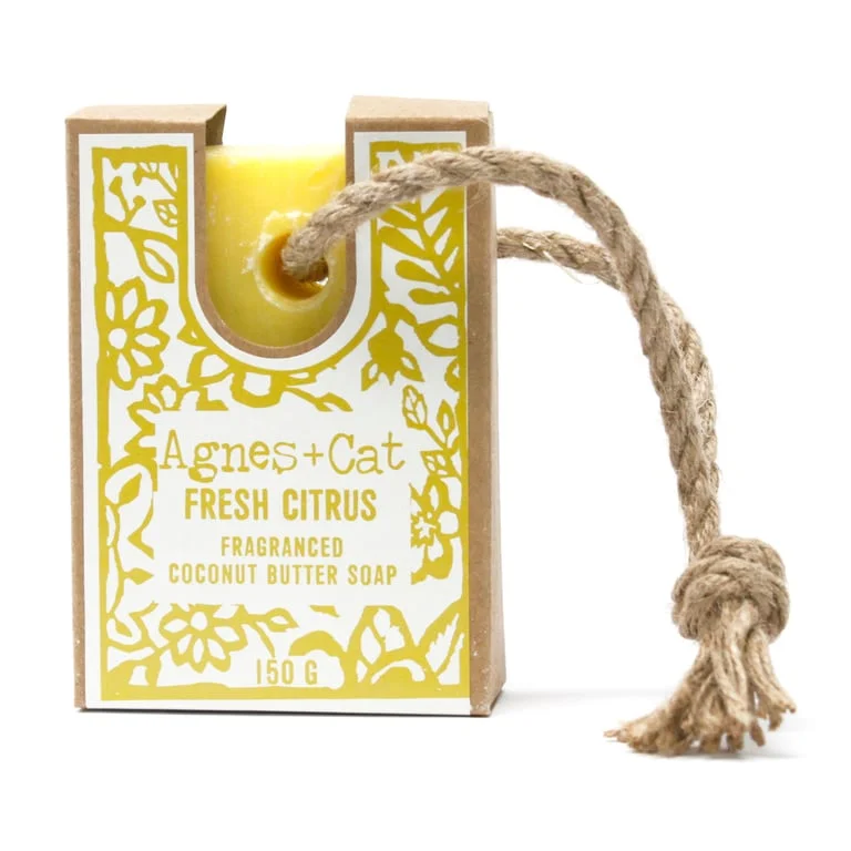 Soap on a rope, fresh citrus scent.