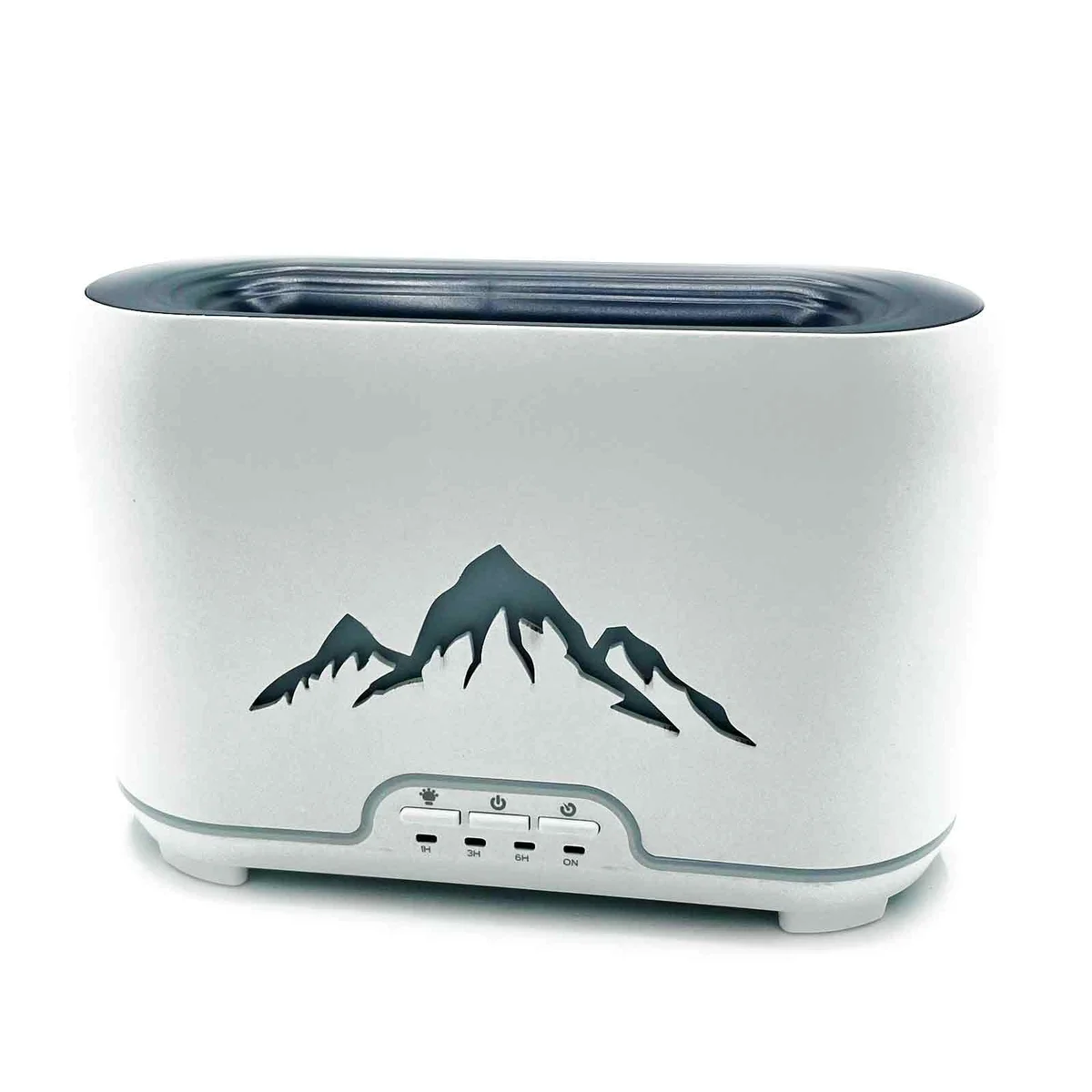 Himalayas aroma diffuser with USB-C port, remote control, and flame effect on a white background
