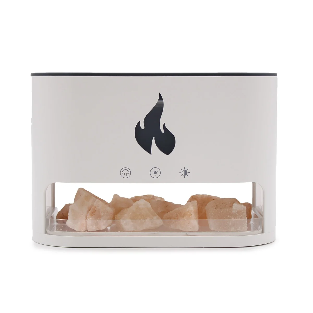 White Blaze aroma diffuser with glowing Himalayan salt chamber, USB-C port, and flame effect on a white background