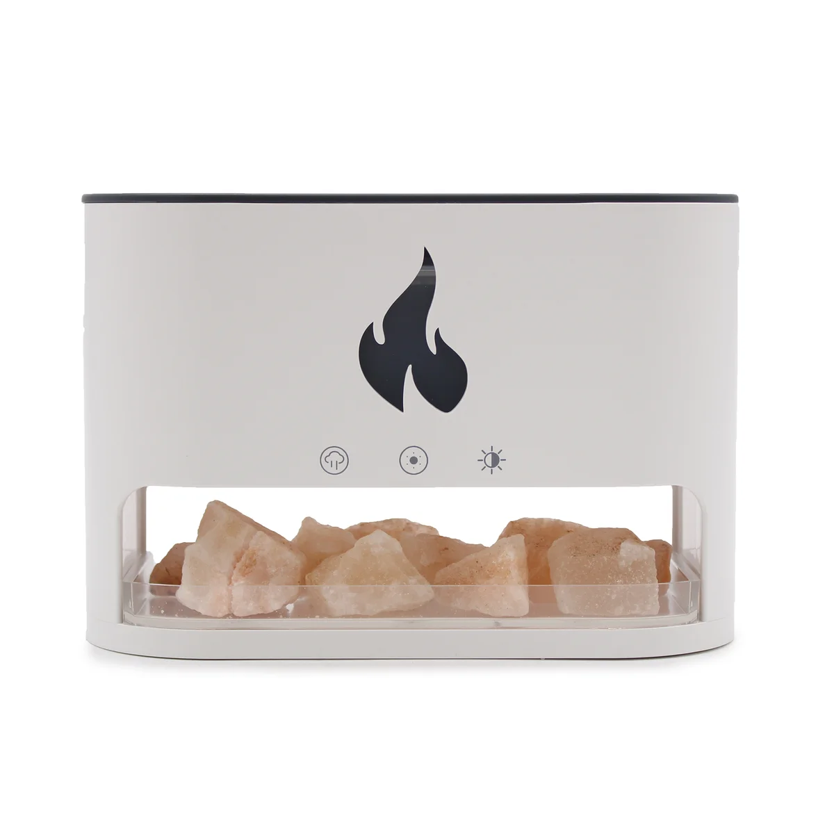 White Blaze USB-C aroma diffuser with glowing Himalayan salt chamber and flame effect on white background