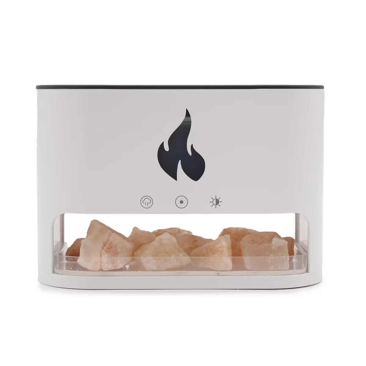 White Blaze aroma diffuser with glowing Himalayan salt chamber and USB-C port showing flame effect diffuser in use