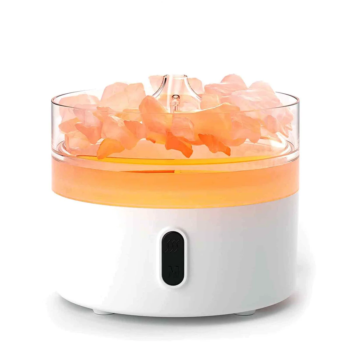 Himalayan salt USB-C salt diffuser with flame effect and night light on wooden surface, salt crystals included