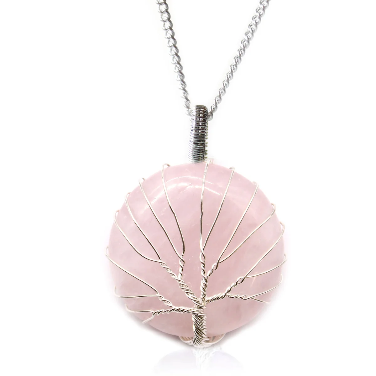 Rose quartz Tree of Life gemstone necklace with silver chain displayed on white background