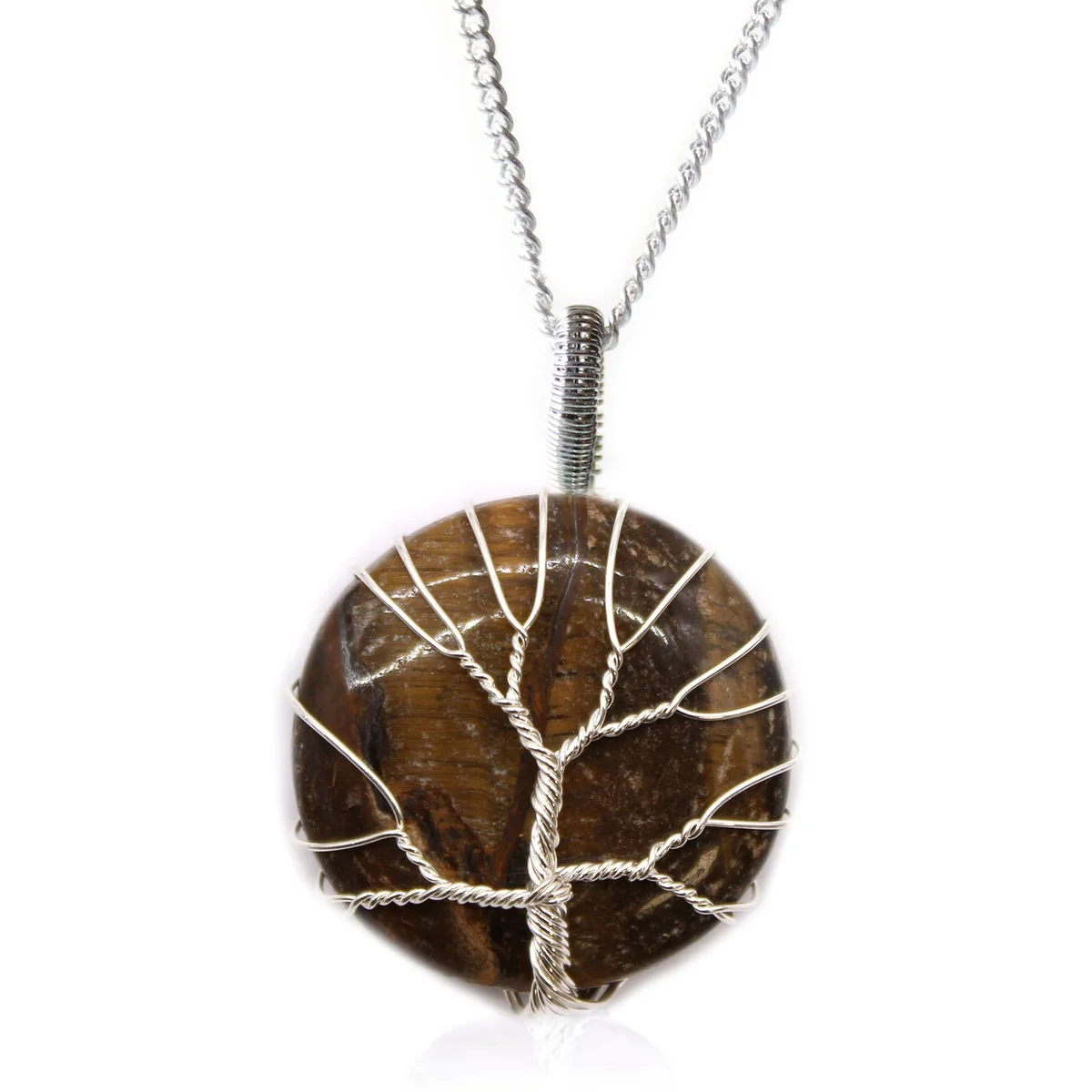 Tree of Life necklace featuring a pendant with tiger eye gemstone on a delicate chain against white background