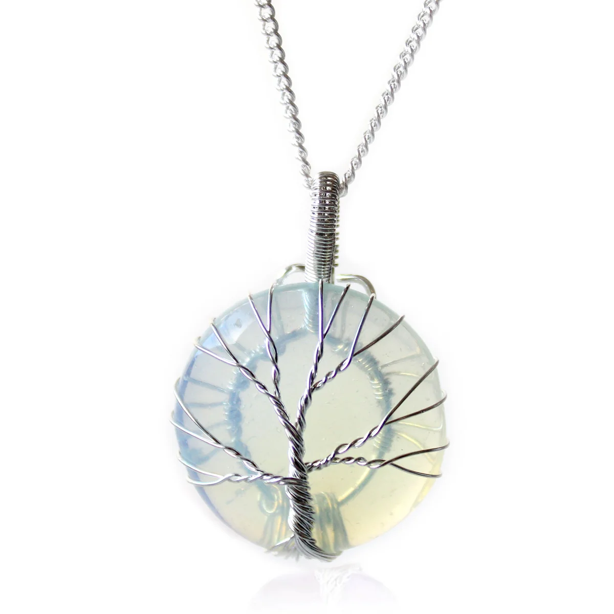 Tree of Life gemstone pendant necklace featuring a glowing opalite stone on a silver chain against white background