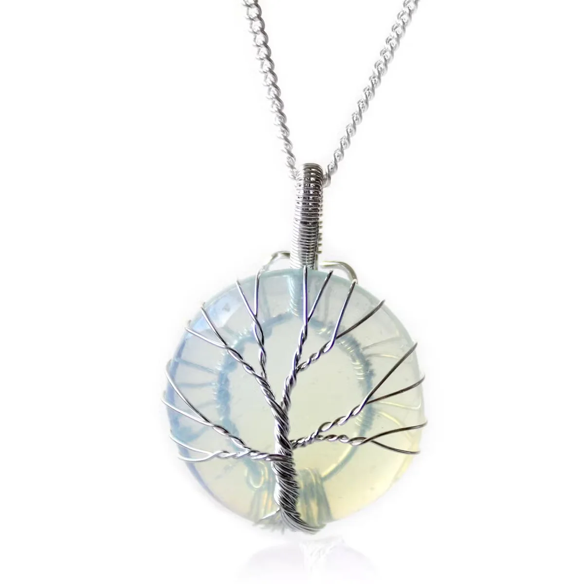 Opalite pendant necklace featuring a silver Tree of Life jewellery design on a delicate chain against white background