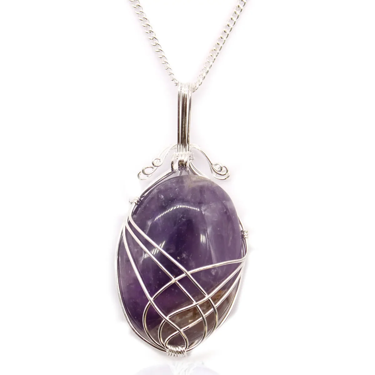 Swirl wrapped necklace featuring a purple amethyst gemstone pendant on a silver chain against white background