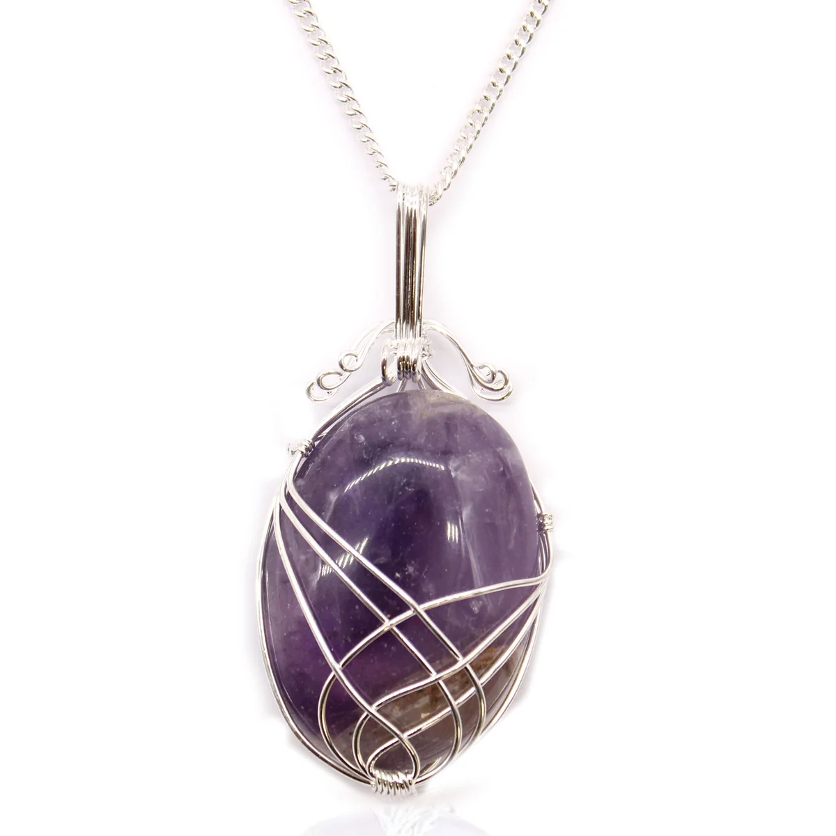 Close-up of a swirl wrapped amethyst gemstone pendant necklace on a silver chain against a white background