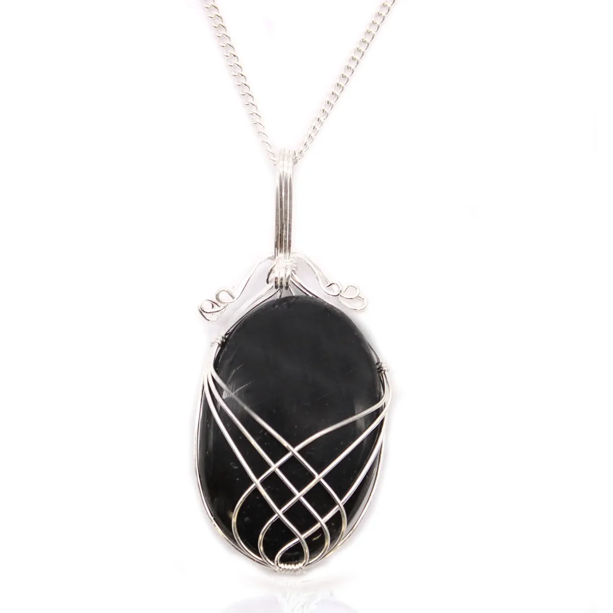Swirl wrapped necklace featuring a polished black onyx gemstone pendant on a delicate silver chain