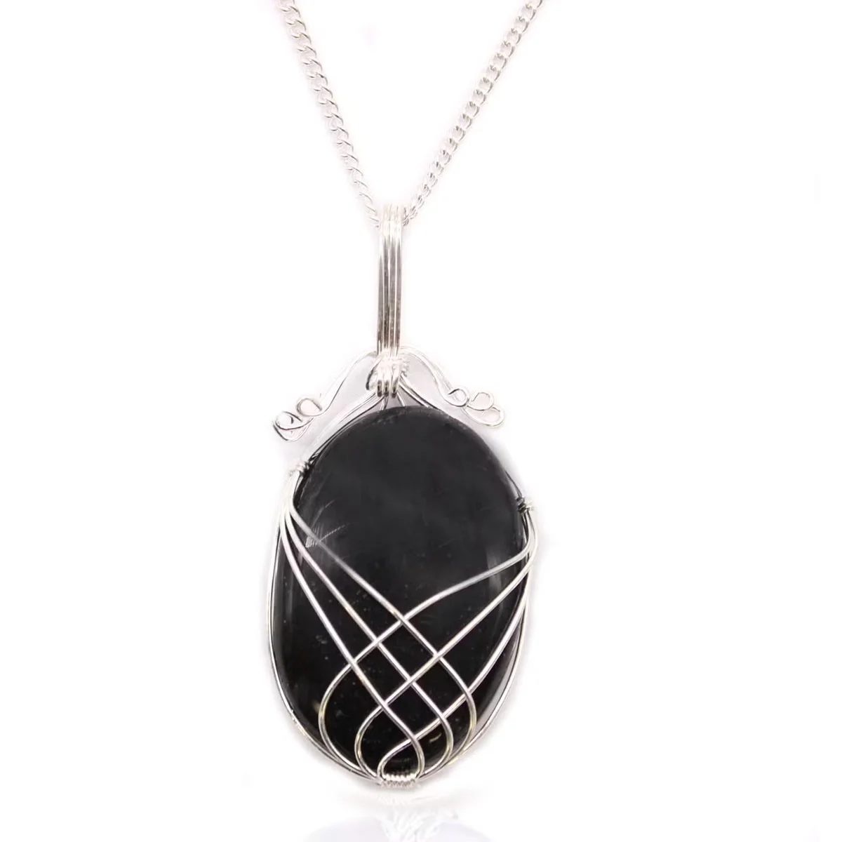 Swirl wrapped black onyx gemstone pendant on a silver chain, black gemstone jewellery with elegant design