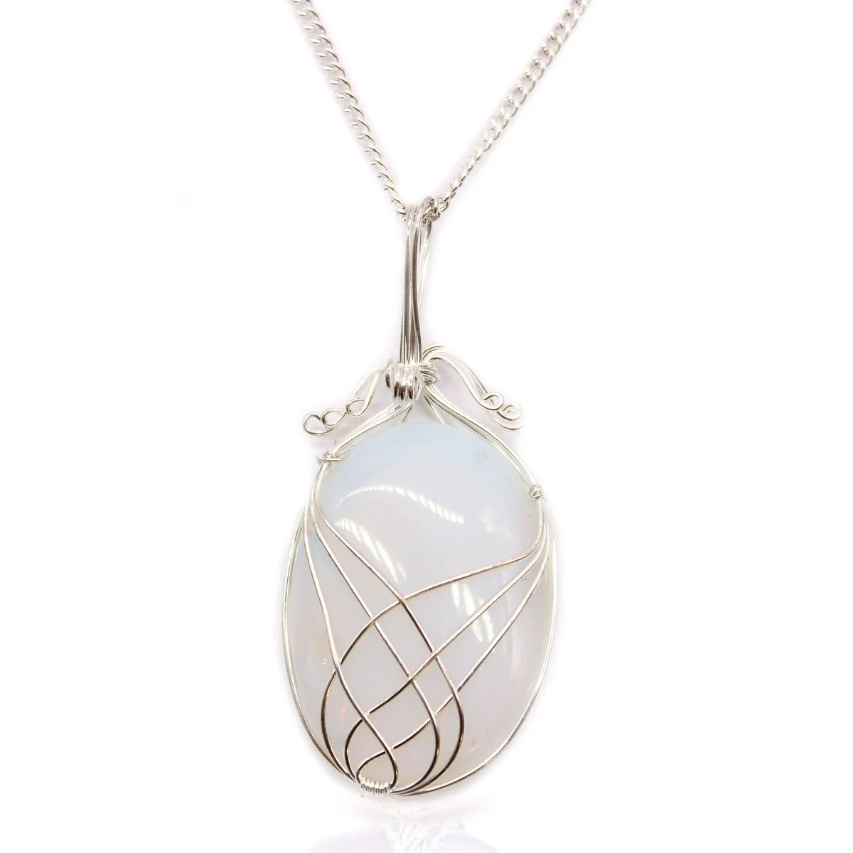 Swirl wrapped opalite gemstone necklace with a silver chain on a white background