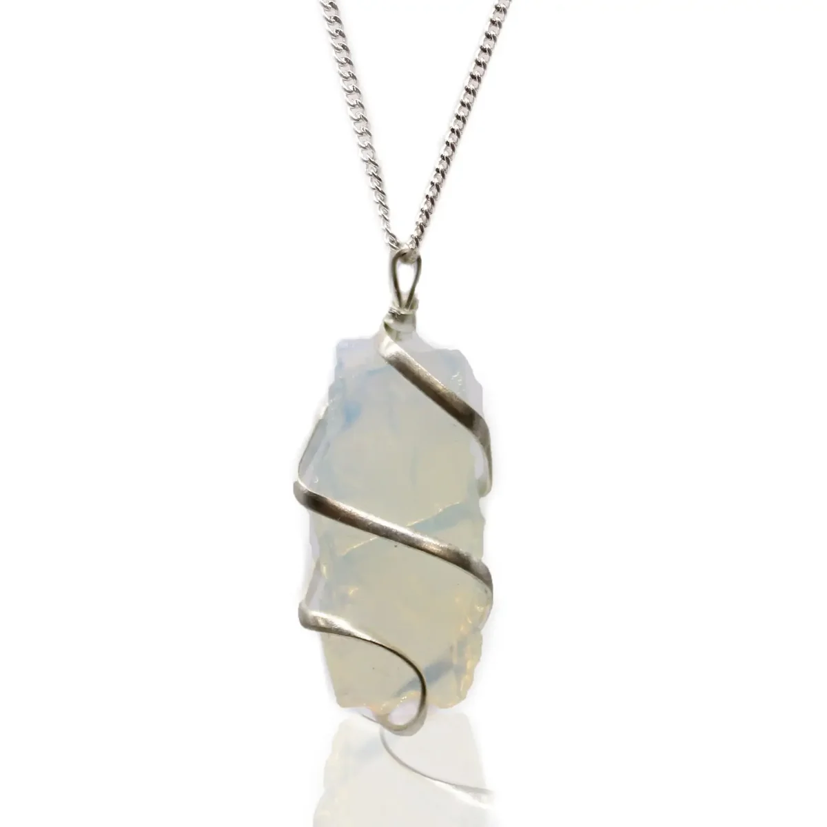 Cascade wrapped gemstone necklace featuring a rough opalite stone on a delicate silver chain