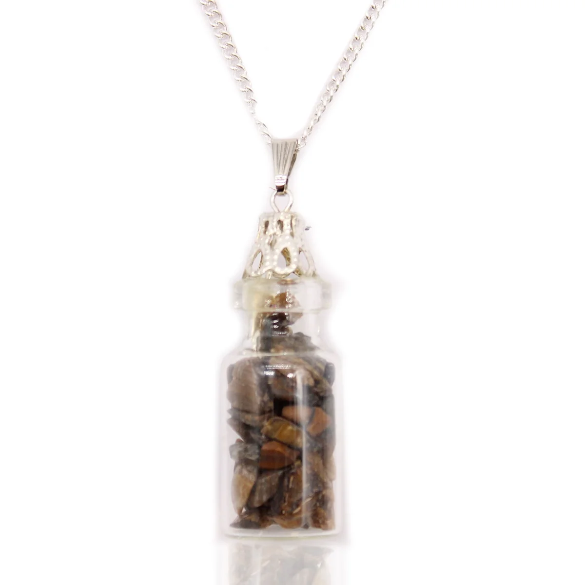 Tiger Eye necklace featuring a small glass bottle pendant filled with polished tiger eye gemstones on a chain