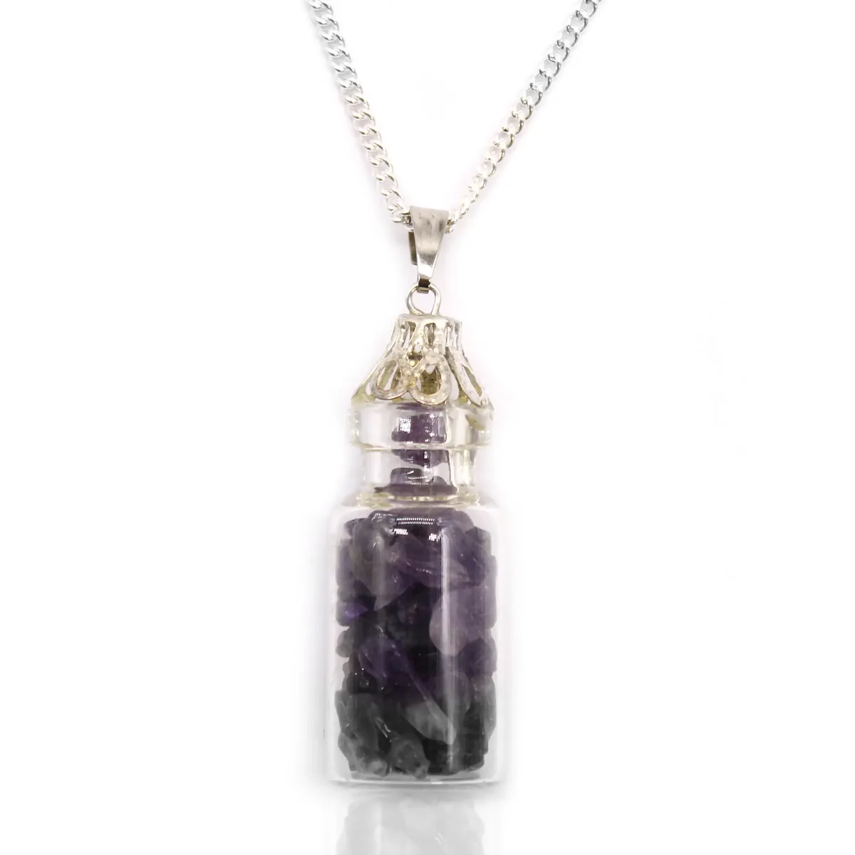 Bottled gemstones necklace featuring a small glass bottle filled with purple amethyst stones on a silver chain
