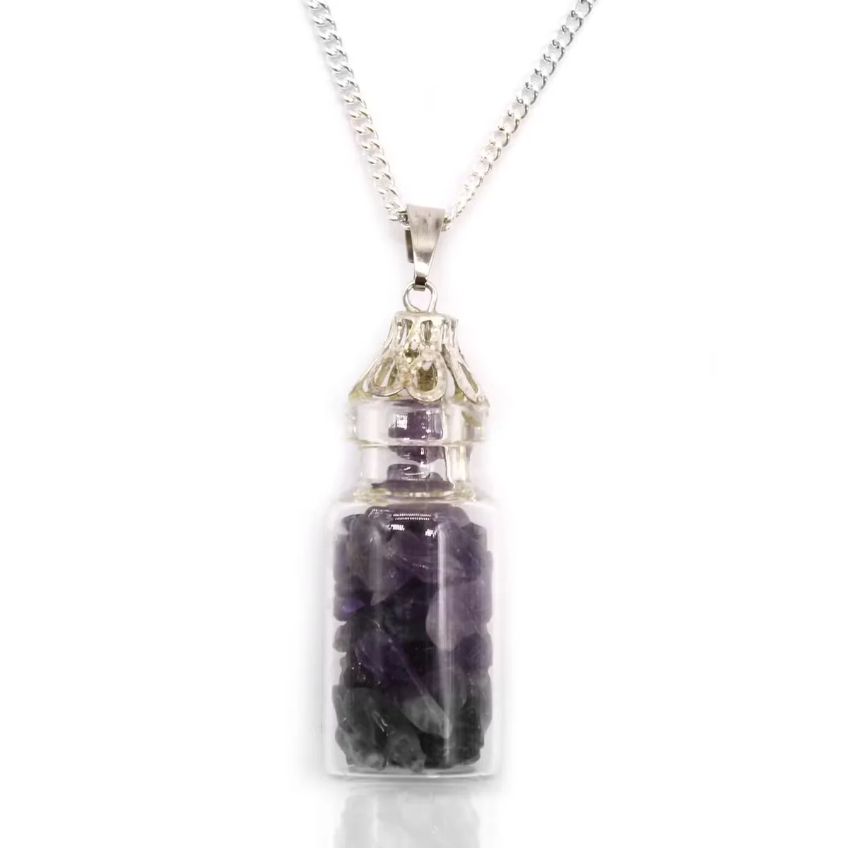Close-up of a Bottled Gemstones Necklace featuring purple amethyst stones, showcasing unique gemstone jewellery design