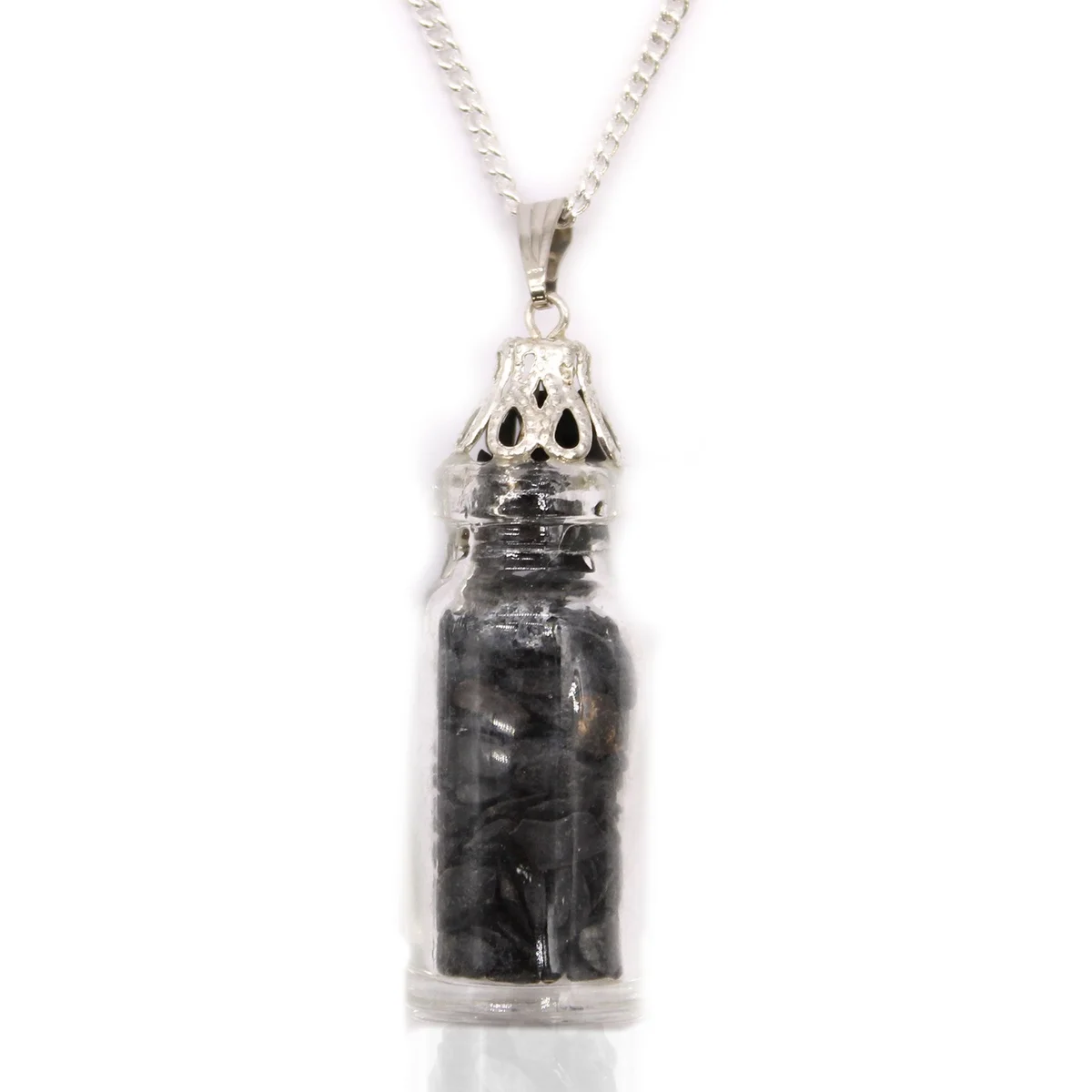 Black onyx necklace featuring a small glass bottle pendant filled with black onyx gemstones on a silver chain