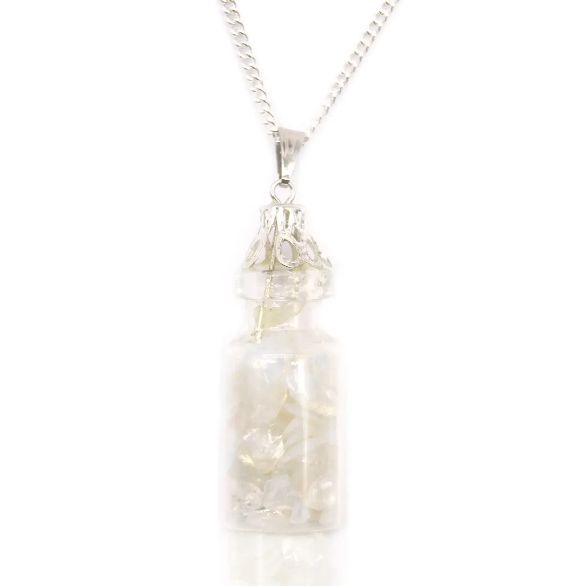 Bottled gemstones necklace featuring a small glass bottle with opalite stones on a silver chain