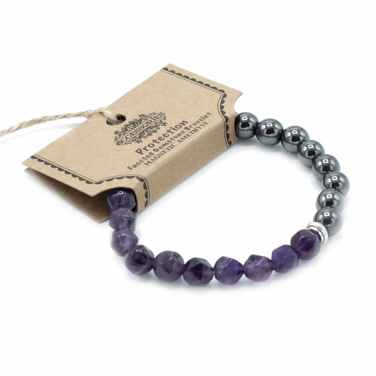 Close-up of faceted amethyst stone jewellery bracelet with magnetic clasp on neutral background