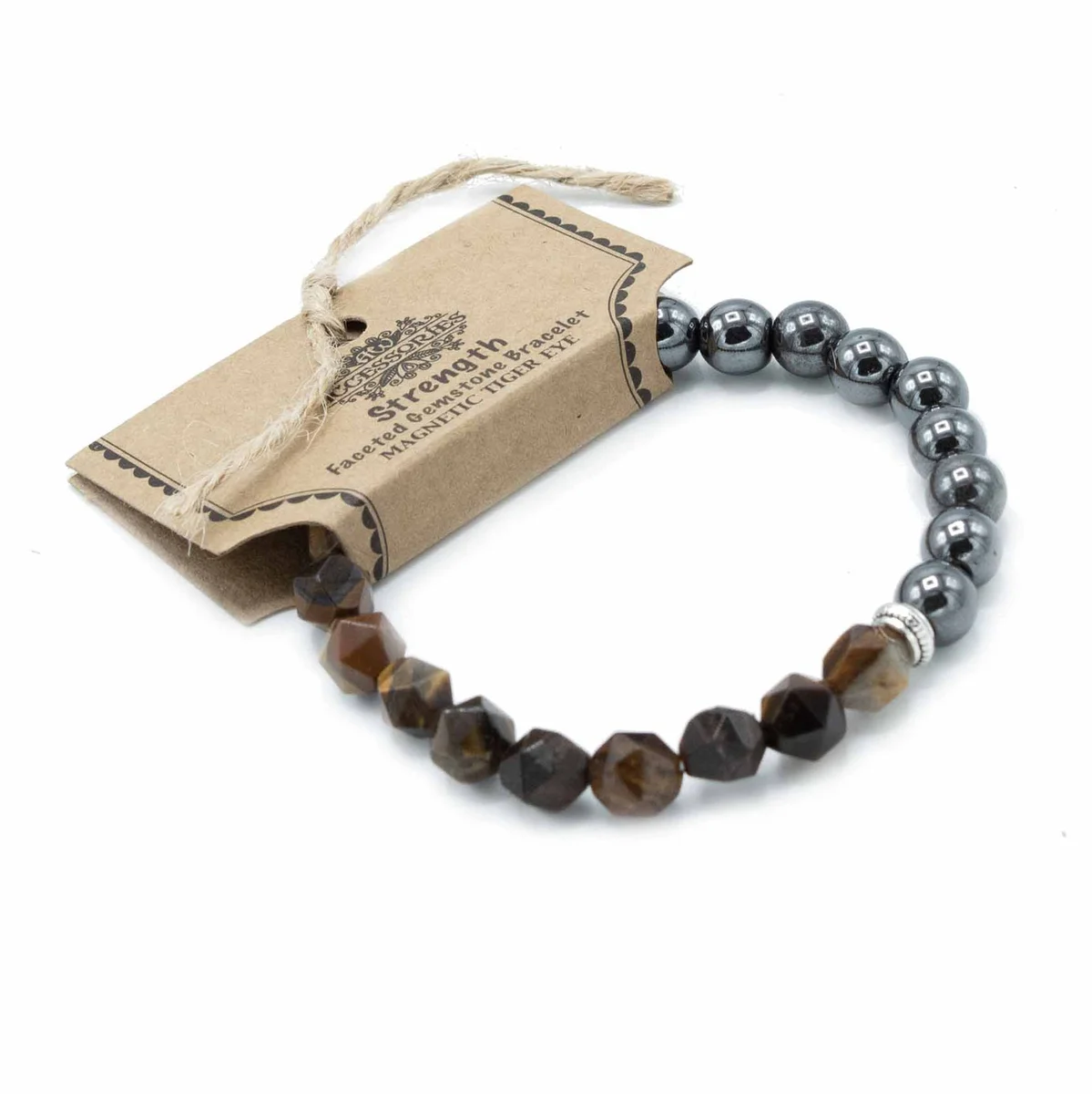 Faceted magnetic tiger eye bracelet with polished brown and gold gemstone beads on an elastic band