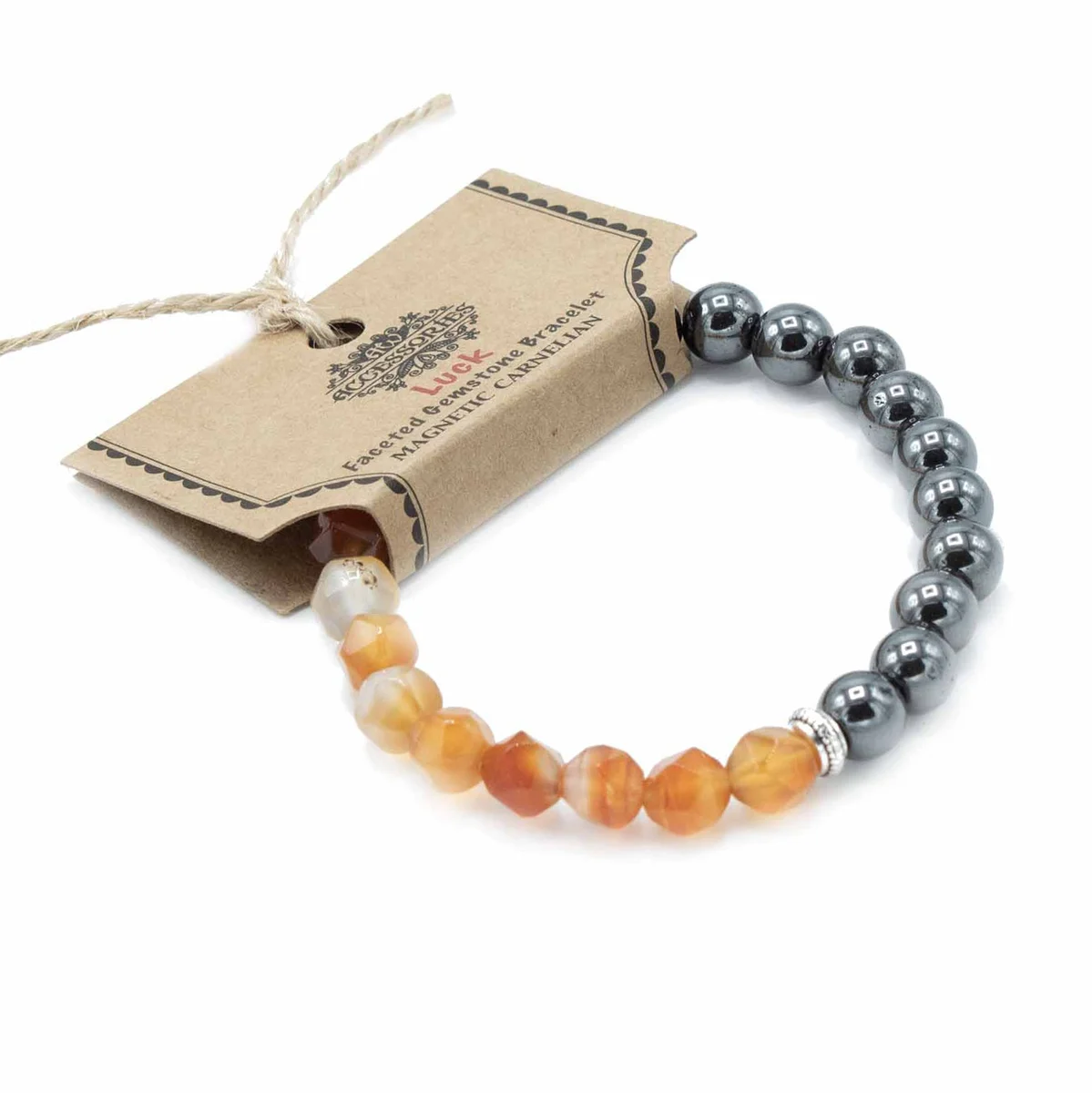Faceted magnetic carnelian bracelet with polished red-orange gemstone beads on a white background