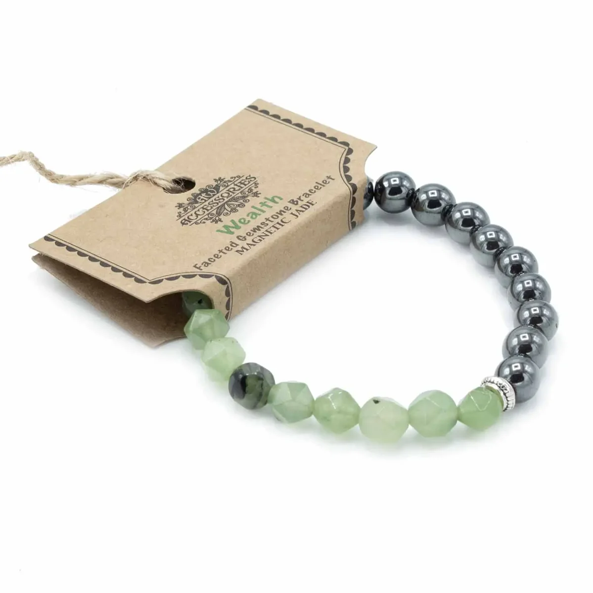 Faceted gemstone bracelet featuring polished green magnetic jade beads on an elastic band against a white background