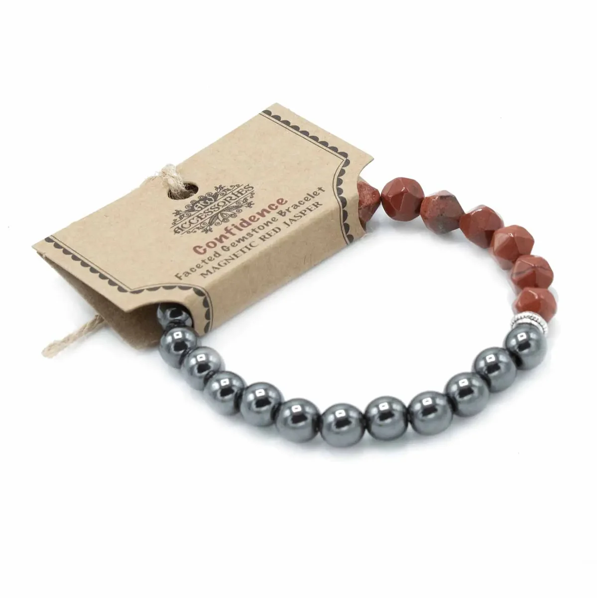 Faceted gemstone bracelet featuring polished magnetic red jasper beads on an elastic band against white background