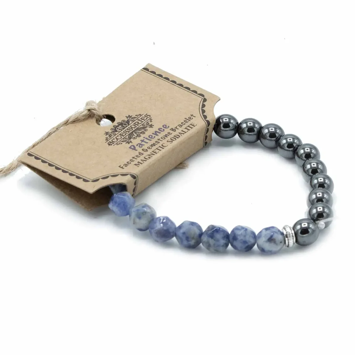 Faceted gemstone bracelet featuring deep blue magnetic sodalite beads with faceted cuts on a white background
