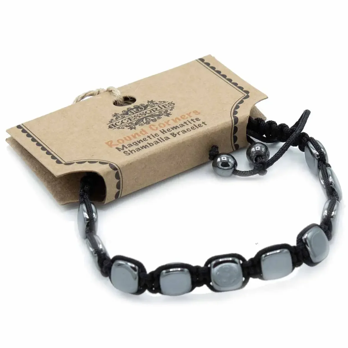 Magnetic hematite shamballa bracelet with round corner beads on a black adjustable cord