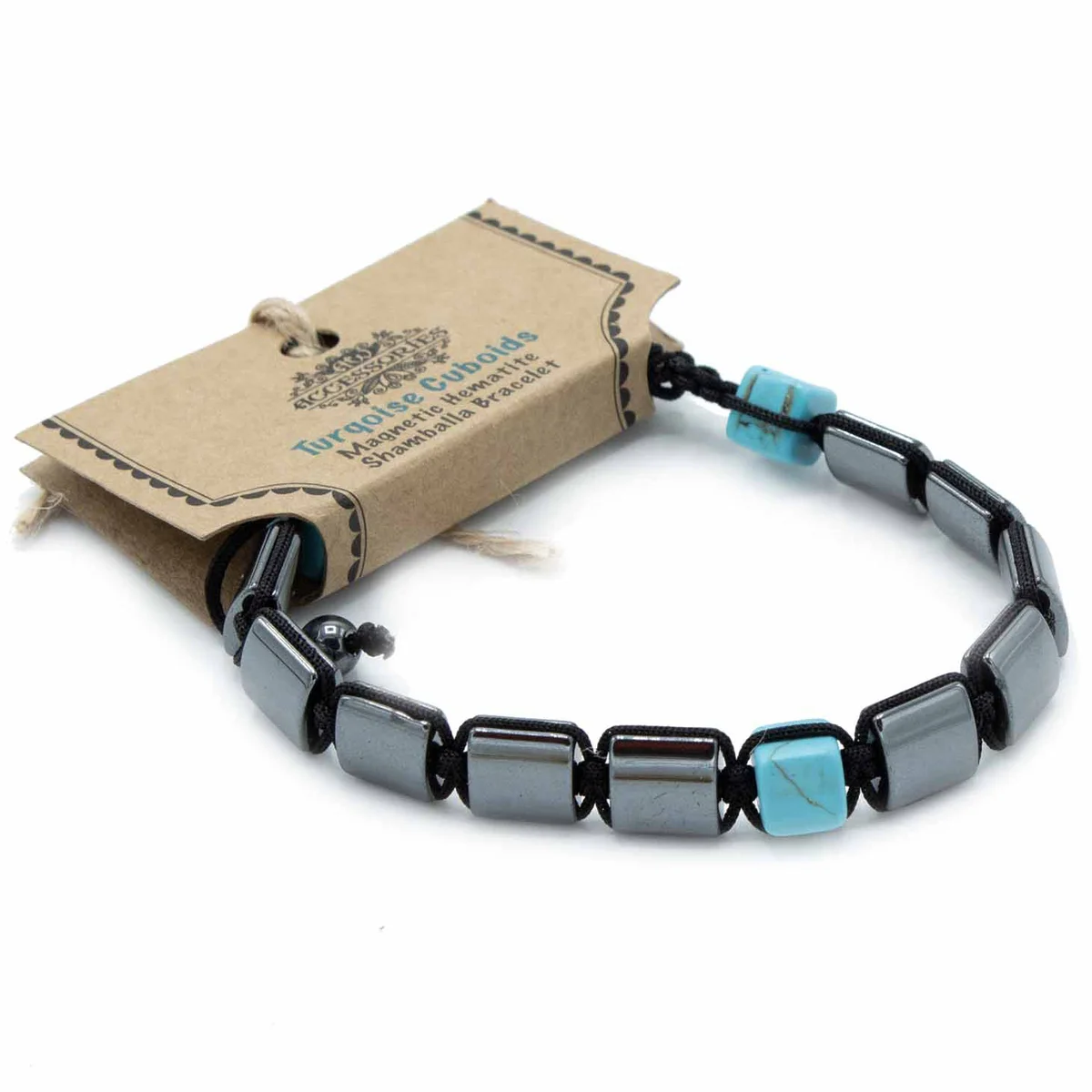 Close-up of magnetic hematite cuboid bracelet with turquoise beads on a white background