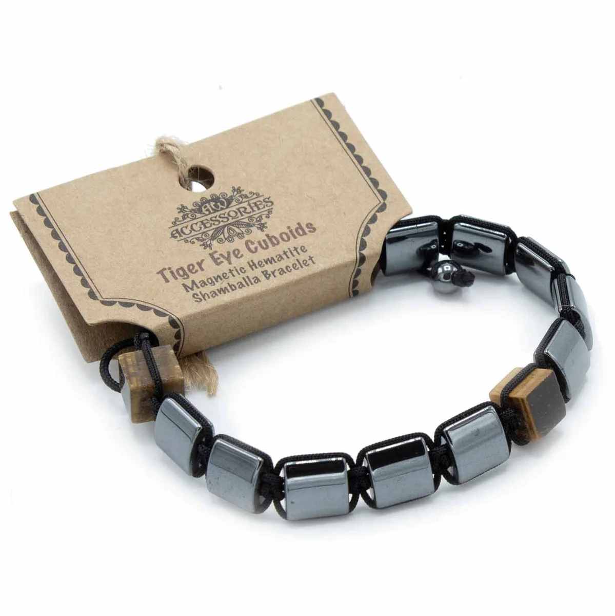 Magnetic hematite Shamballa bracelet featuring glossy black beads and polished tiger eye cuboid stones on a neutral background