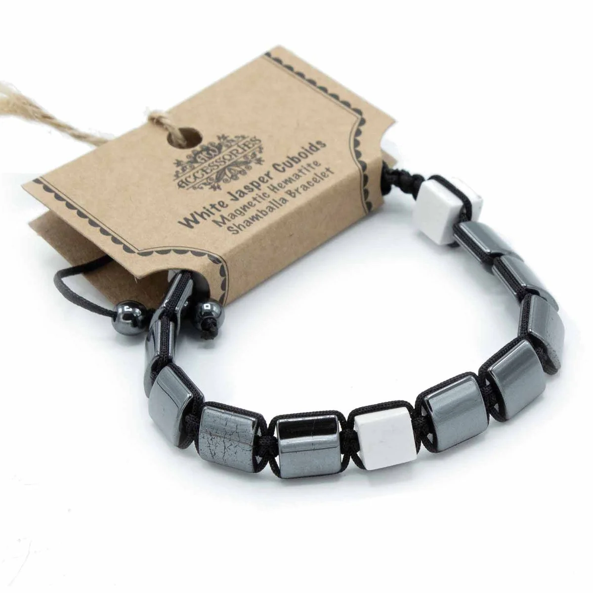 Magnetic hematite bracelet with white jasper cuboid beads on a black adjustable cord