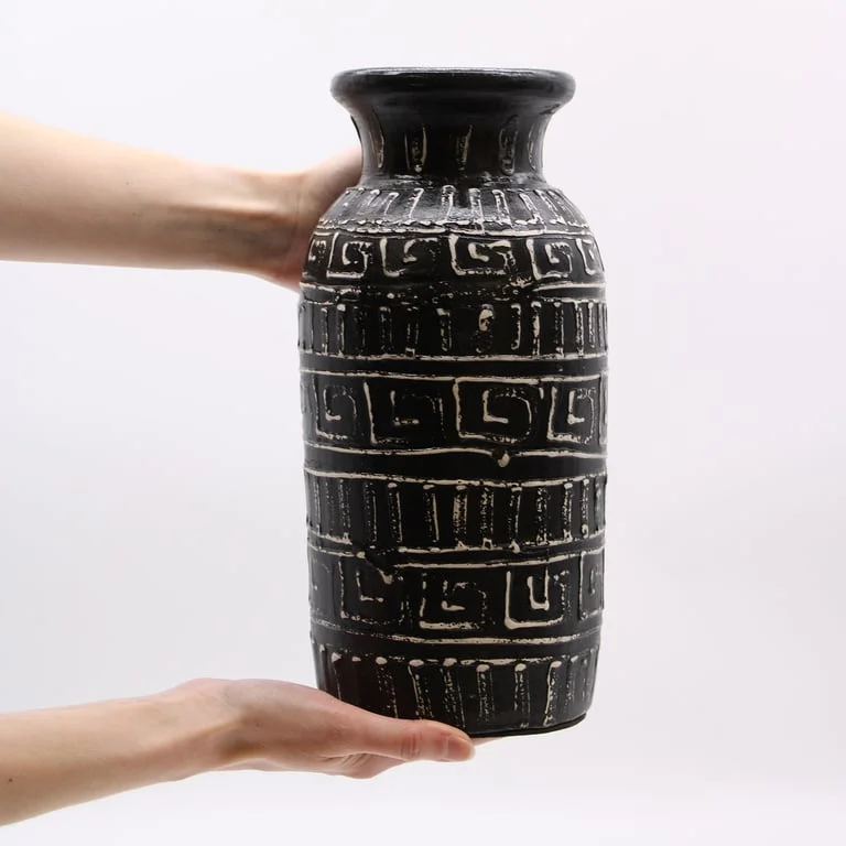 Chocolate Greek straight ceramic vase, tall and narrow with classic design.