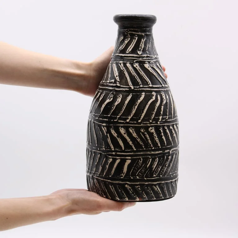 Stylish Greek vase in chocolate finish, tapered shape, displayed on a neutral backdrop