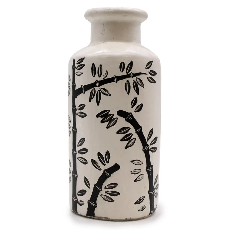Natural bamboo motif vase with straight silhouette, light wood tones and woven bamboo print.