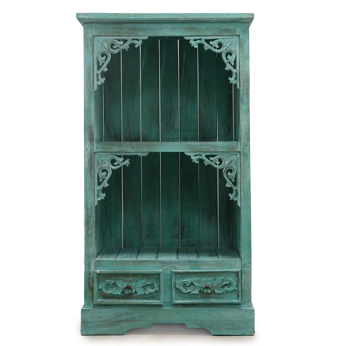 Turquoise bathroom cabinet with a sleek design and smooth finish, suitable for bathroom storage and organization