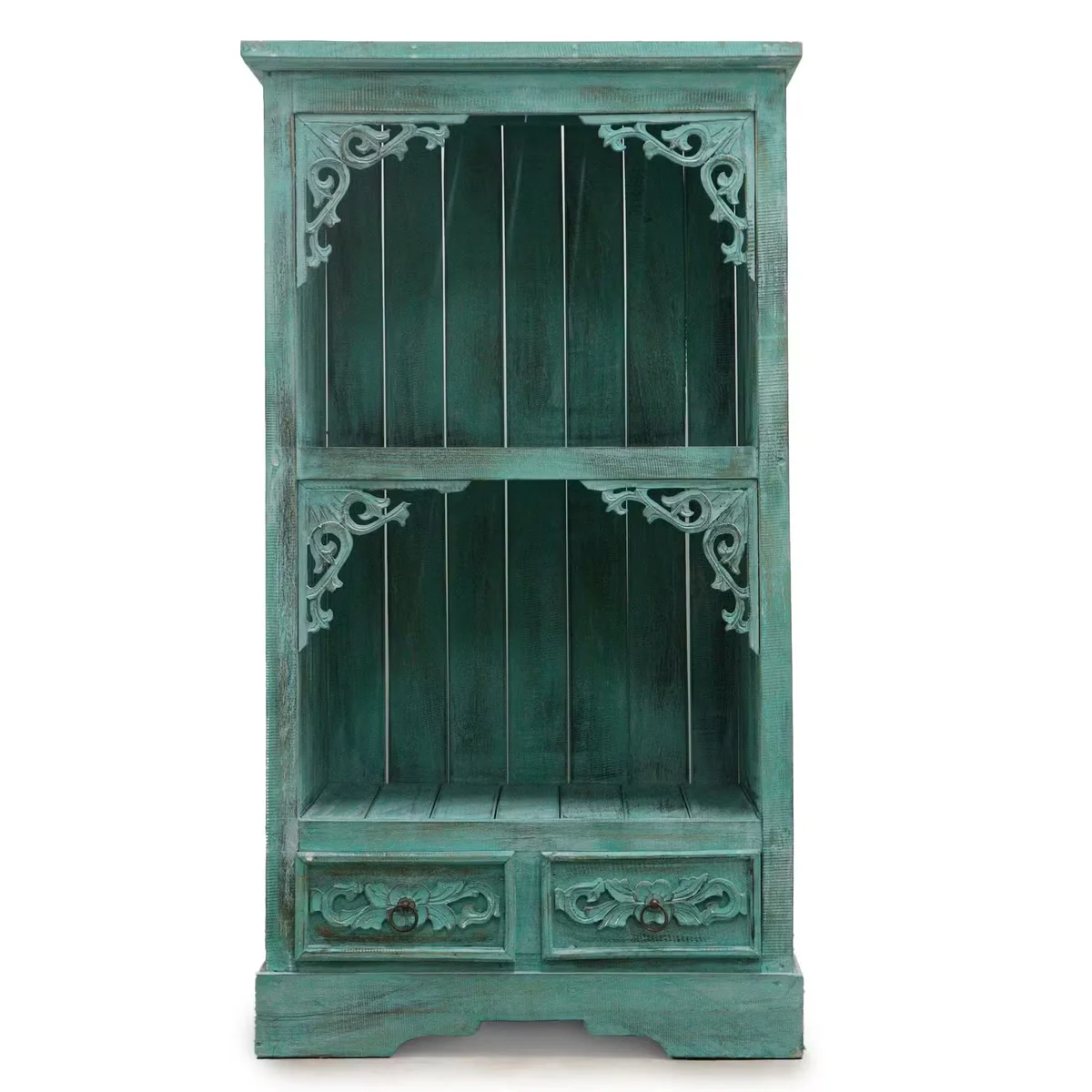 Bathroom cabinet turquoise Albasia style with a wash finish, shown from an angled front view