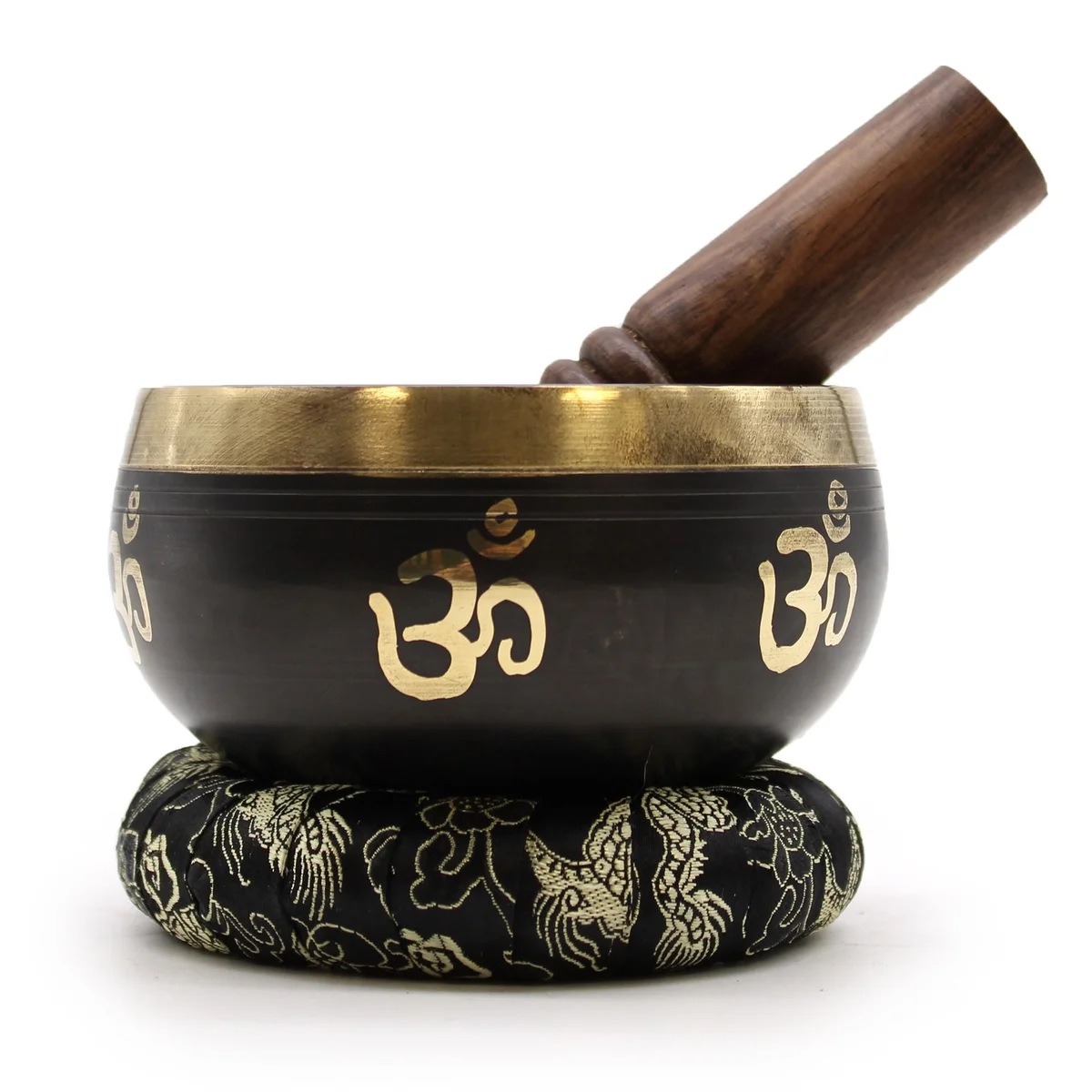 Yoga Om singing bowl set displayed with three bowls and a tuning fork.
