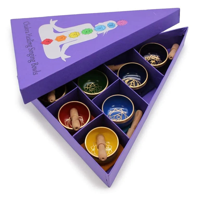Chakra pyramid singing bowl gift set, spiritual gift set featuring a multi‑level pyramid and bowl.