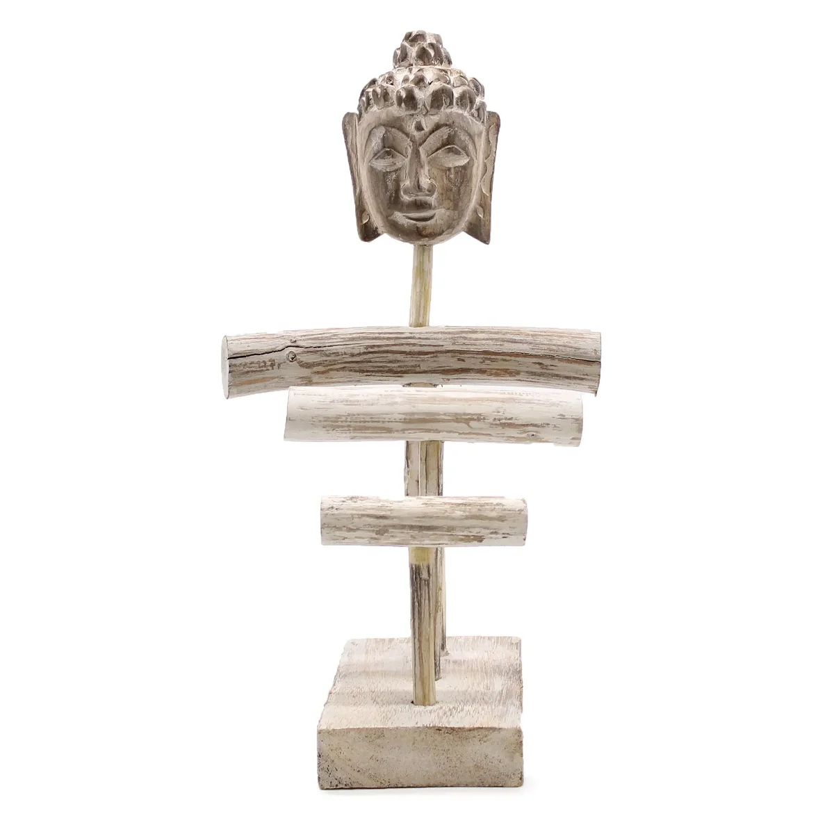 Whitewashed Three Branch Buddha stand, featuring a Buddha ornament on tiered base.