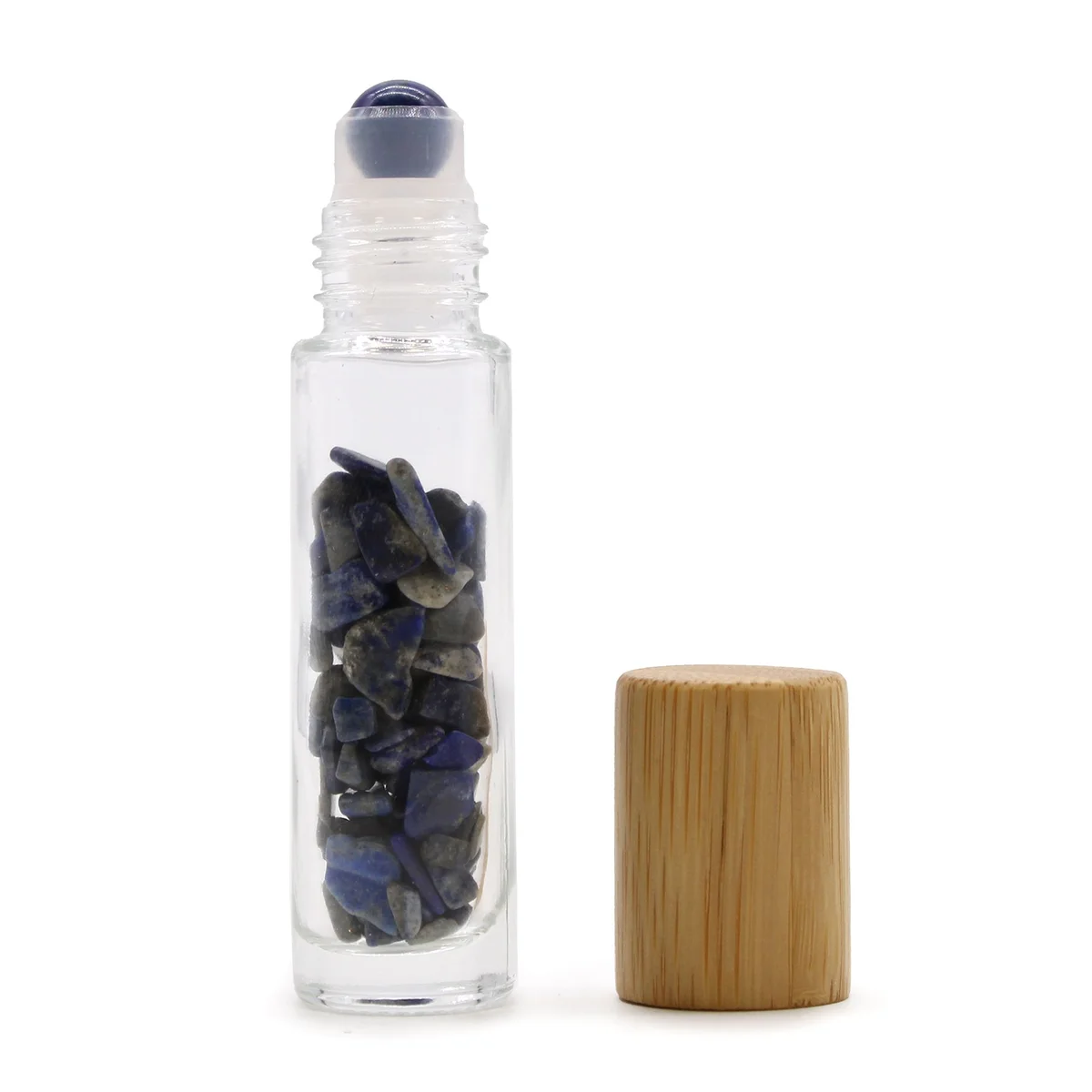 Sodalite essential oil roller bottle with wooden cap, clear glass, gem-inspired design
