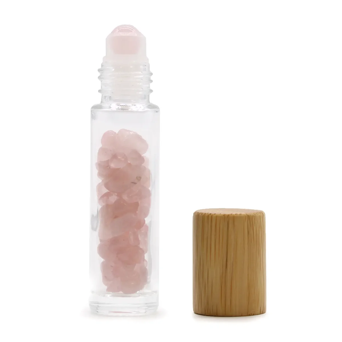 gemstone roller bottle featuring rose quartz gemstone and wooden cap