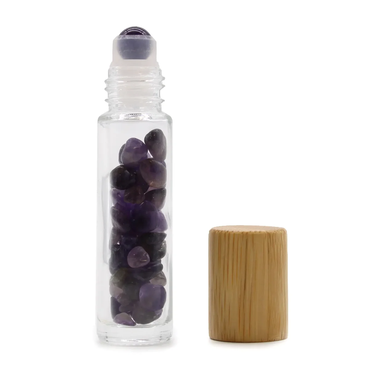 Gemstone roller bottle featuring amethyst stone and wooden cap, bottle glass body with metal nozzle.