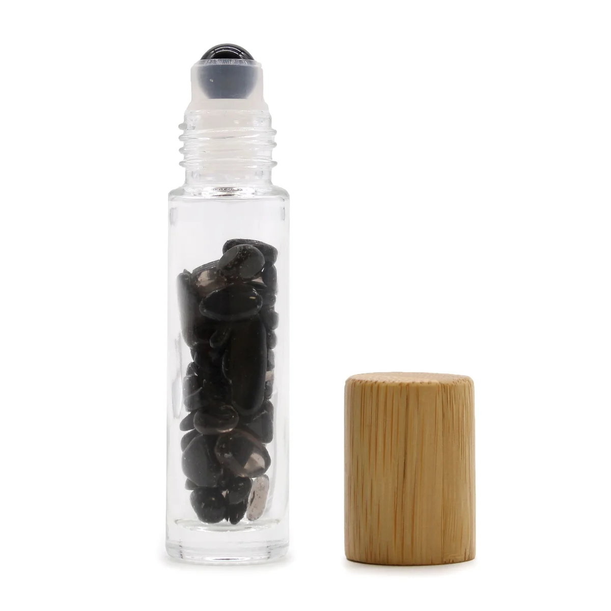 Black tourmaline roller bottle with wooden cap, sleek glass and natural stone accent.