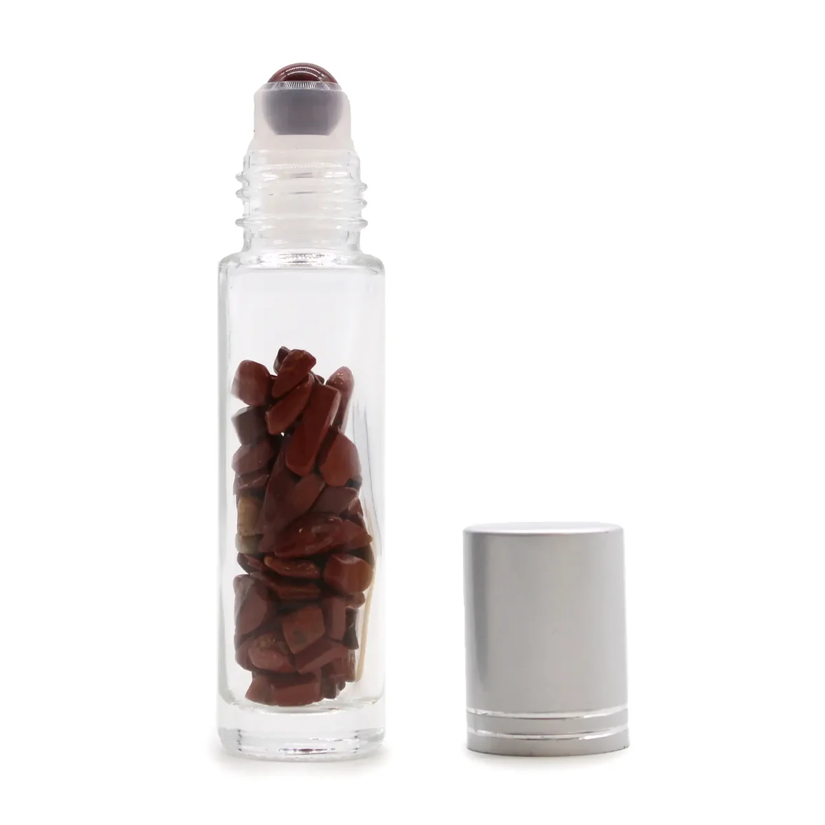 Gemstone essential oil bottle with red jasper stone and silver cap, small roller bottle design.