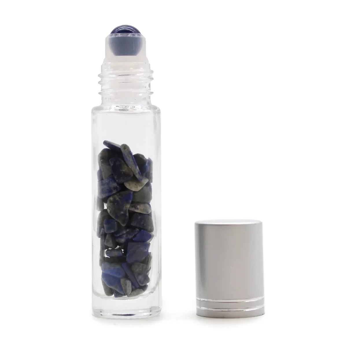 Clear glass essential oil roller bottle with silver cap, featuring a blue sodalite gemstone highlight.