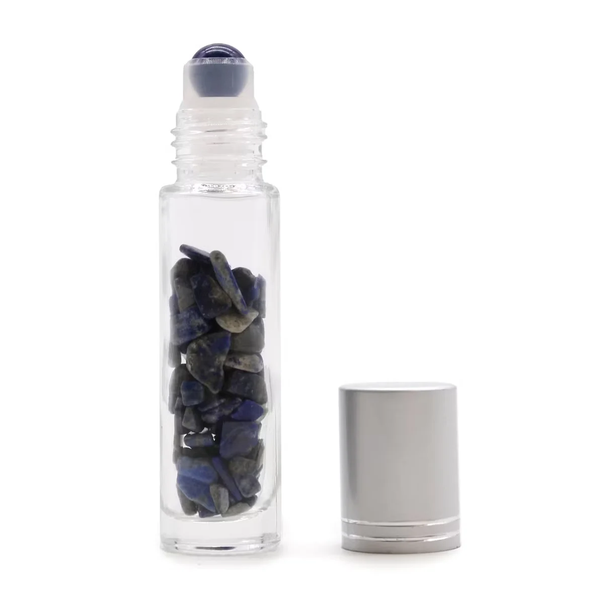 Gemstone essential oil roller bottle in sodalite, featuring a silver cap roller bottle and clear glass vial.