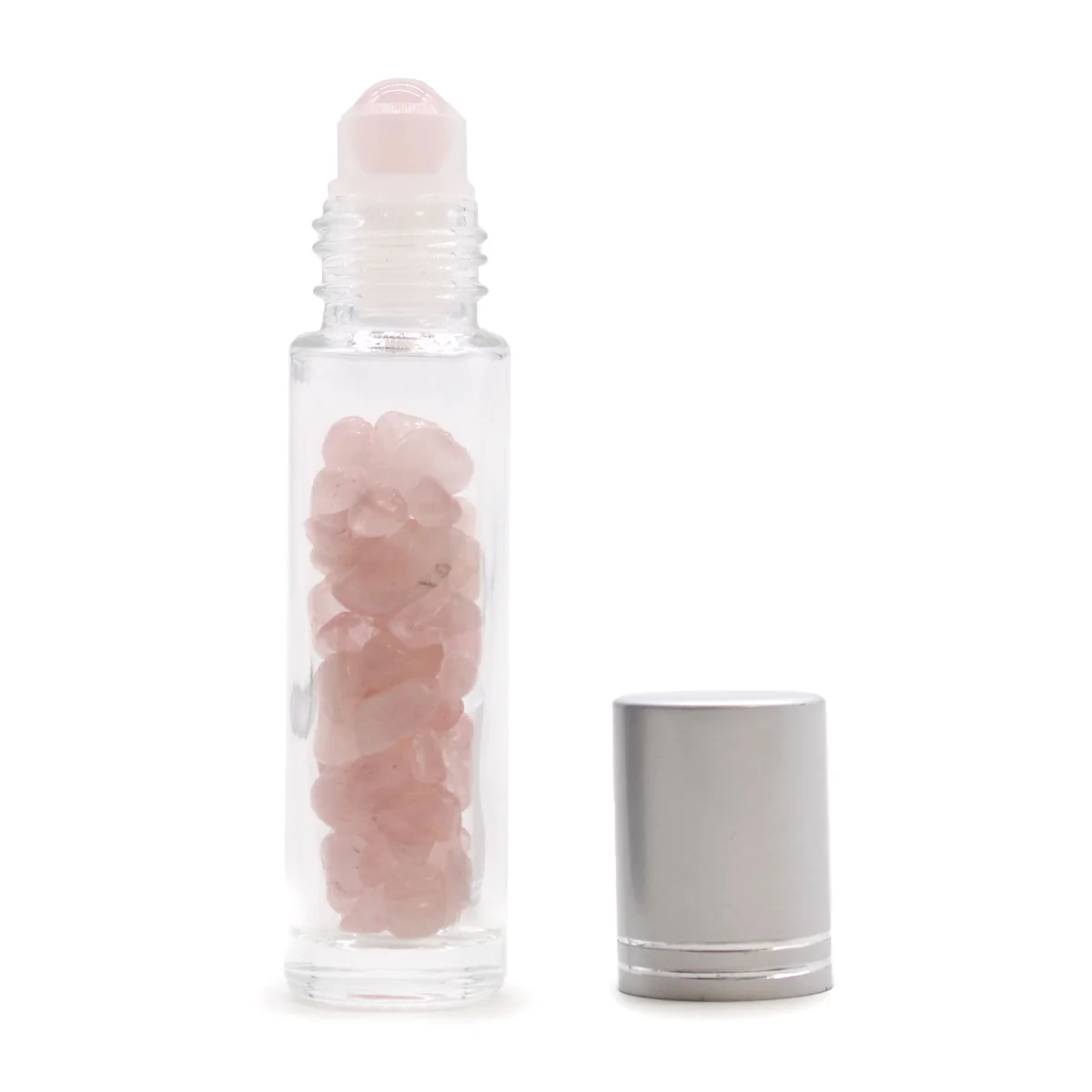 Rose quartz roller bottle with silver cap, crystal body and tube
