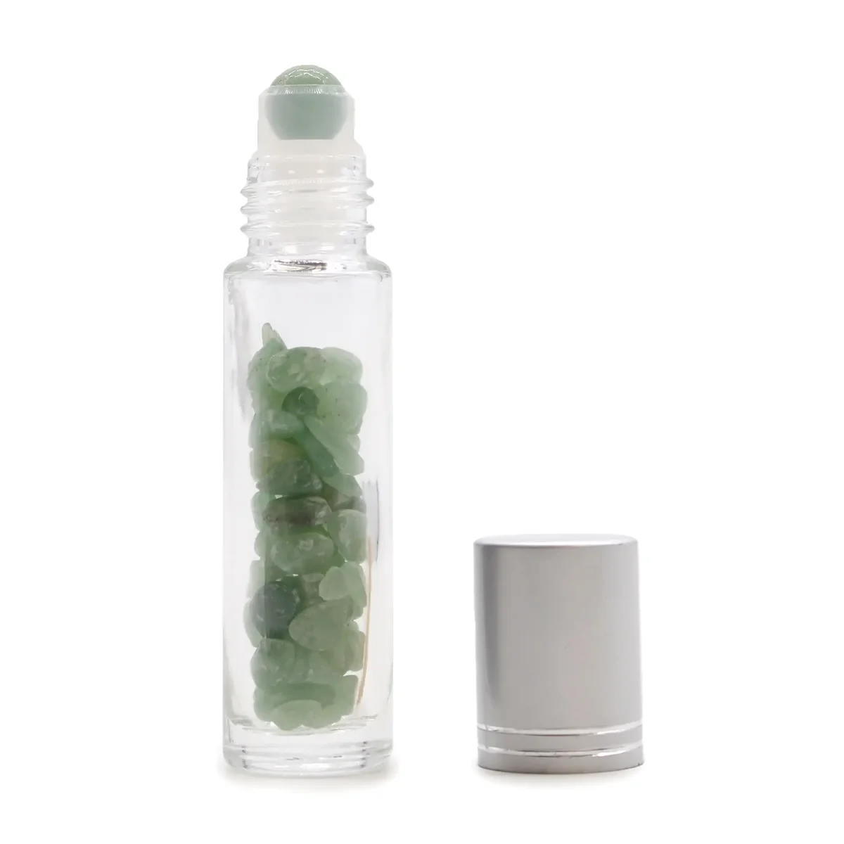 Aventurine essential oil roller bottle with a green gemstone base and silver cap.