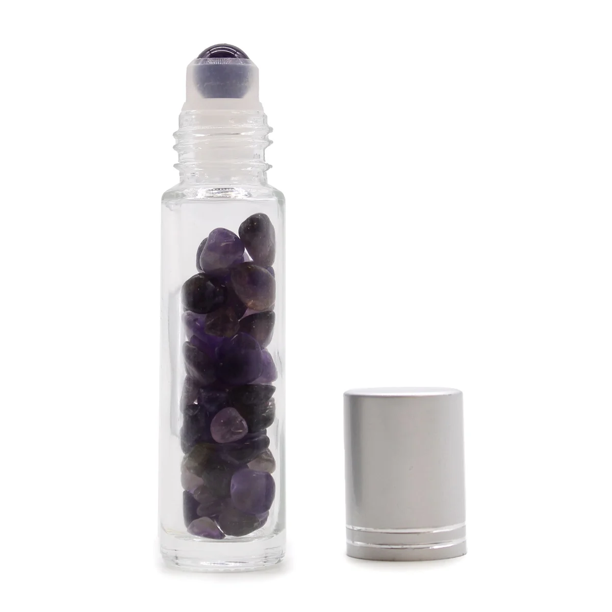 Amethyst essential oil roller bottle with silver cap, crystal glass and amethyst gemstone.