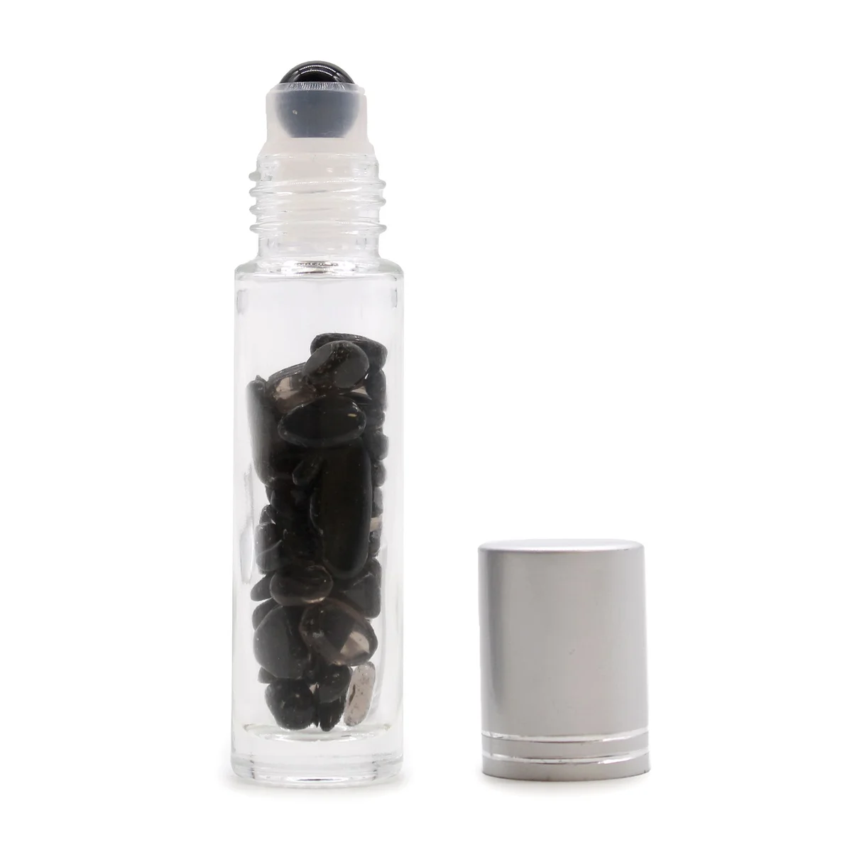 Gemstone essential oil roller with black tourmaline gemstone and silver cap in a clear bottle.